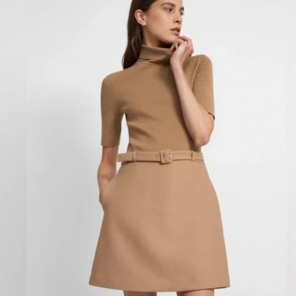 Theory Dresses & Skirts - THEORY Combo Dress Bistretch Wool Twill Ribbed Sweater Turtleneck Size M